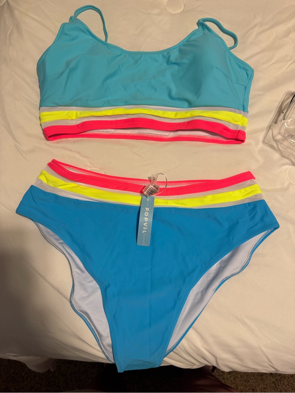 Popvil Women’s Turquoise Bikini Set with Neon Pink & Yellow Trim